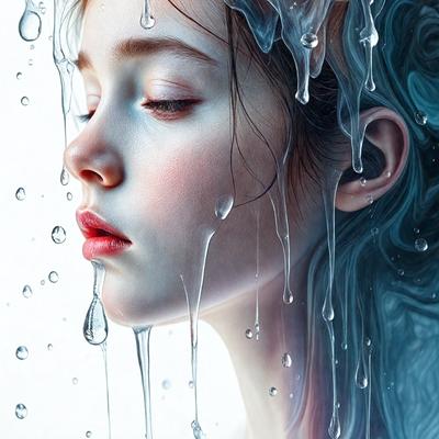 The primary subject of the image is a woman with wet hair, who appears to be a young girl. She is the main focus of the image. The setting is a white background, which provides a clean and minimalistic environment. The visual style is a digital art, as the image is a close-up of the girl's face with water droplets surrounding her. The colors are predominantly blue, which gives the image a calm and serene atmosphere.